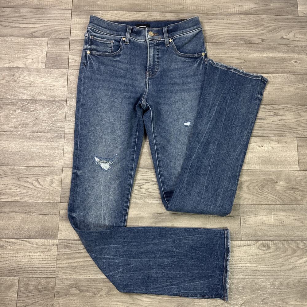Express Skyscraper Denim Jeans Straight Leg Side Slits Mid Rise Medium Wash sz 2